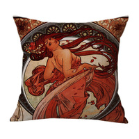 Housse de coussin décorative vintage européenne 45x45 cm Mucha Gallery Beauty en lin