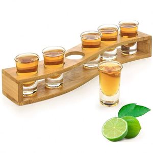 Support à verres à shot en bambou pour la maison avec 6 verres à shot pour whisky et tequila - Product Image 1