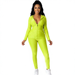 Conjunto Deportivo de Mujer con Capucha en Verde Neón, Cierre Completo con Cremallera, Estilo Deportivo, Spandex y Algodón, Color Sólido, Corte Regular, Transpirable - Product Image 1