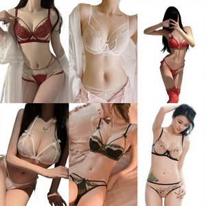 Lencería al <span class=keywords><strong>por</strong></span> mayor: Conjunto de lencería de encaje fino con fruncido para mujer, sin aros, sujetador de tres puntos, ideal para verano. - Product Image 1