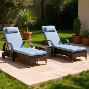 Haven 3Pc Adjustable Rattan Sun Lounger <b>Set</b> With Armrests <b>Side</b> <b>Table</b> Wheels Reclining Outdoor Patio Furniture - Product Image 2