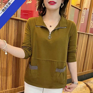 Women's Lapel Long Sleeve T-Shirt With Zipper Khaki Loose Fit Pocket Design Mom Size Spring Top - Product Image 1