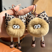 Boule de fourrure de lapin Rex, nœud léopard, pompon oreilles d'elfe, breloque de sac en peluche, porte-clés, jouet mignon et moelleux, accessoires cadeaux