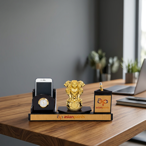 Ensemble d'organisateurs de bureau en bois avec impression de logo personnalisé, support pour stylos, support pour téléphone portable, horloge analogique, taille standard, cadeau de bureau - Product Image 1