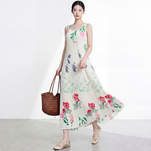 Romantic Floral Print Chiffon Midi <b>Dress</b> Ruffles Sleeveless Pleated Hem Modern Fit Polyester Breathable Summer Autumn Ruched - Product Image 4