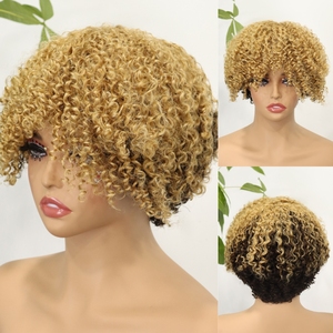 Perruque Courte Bouclée 100% Cheveux Humains pour Femmes Noires Couleur Roux Perruque Afro Crépue avec Frange Sans Dentelle Frontale Coupe Pixie Bob Sans Colle - Product Image 3