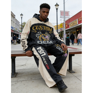 Streetwear Digital Printing Black White OEM Custom LOGO Printing 2-piece Heavyweight 400 GSM Zipper-up Men's Hoodie Set - Product Image 2