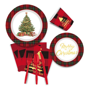 DAMAI Christmas Party Supplies Christmas Tree Plates Cups and Napkins Christmas Theme Disposable Tableware Sets - Product Image 1