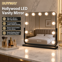 Miroir de maquillage de table à coins arrondis Holly-wood avec lumières, lumière froide, neutre, chaude, luminosité réglable, bouton marche/arrêt