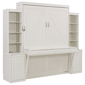 Queen Size Modern Solid Wood Murphy Bed with <b>Desk</b> & Storage Space-Saving <b>Wall</b> Bed with Cabinets & Drawers White - Product Image 5