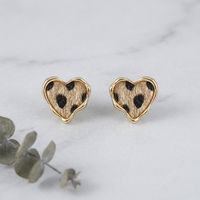 Boucles d'oreilles clous pour femme, plaqué or 14K, laiton, motif cœur léopard floqué, style tendance, sans nickel, pour usage quotidien, cadeau de fête, OEM