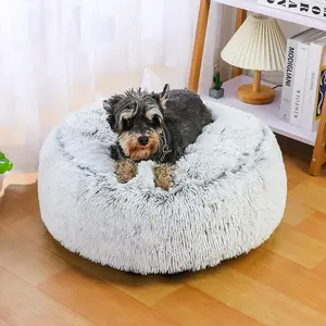 Дешевая оптовая продажа, удобная круглая длинная кровать для собак индивидуального размера, съемная супер плюшевая Успокаивающая кровать для домашних животных