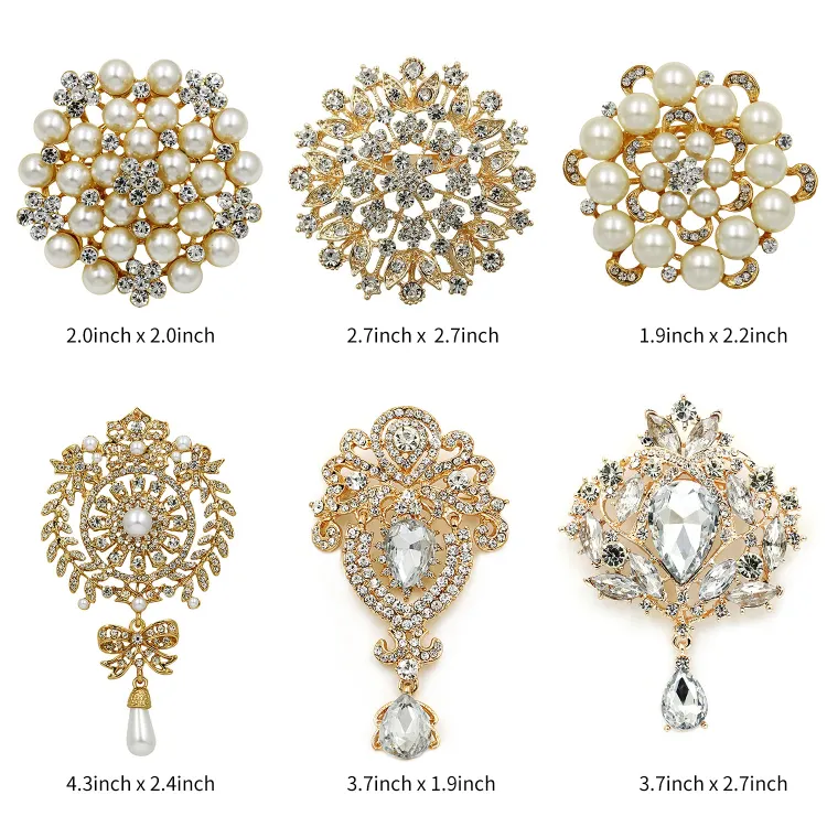 Bros Emas Perak Perhiasan Dekoratif Kustom Logam Mutiara Berlian Imitasi Akrilik Bunga Bros Pin untuk Wanita