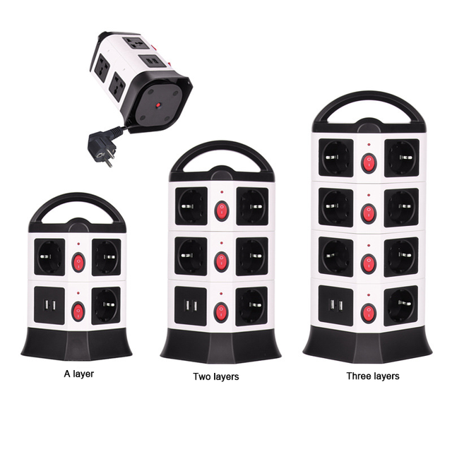Custom Power Tower Outlet 250V 2500W Socket Usb Charger Surge Protector Powrui 7-Outlet European Standard