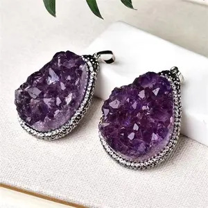 Natural Small Raw Grape Amethyst Cluster Crystal Pendants Rough Amethyst Druzy Crystal Necklace For Jewelry