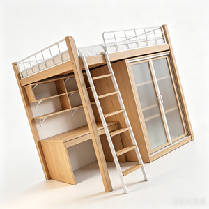 Modern <strong>Loft</strong> <strong>Bed</strong> with Built-in Desk and Wardrobe Solid Wood High Sleeper <strong>Bed</strong> with Bookshelves for Students and Teenagers - Product Image 2