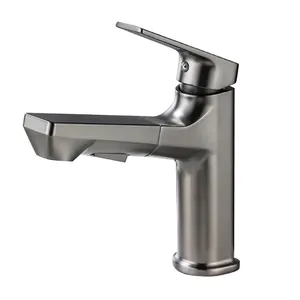 Washroom Cold Hot Water Pull Out 360 Degree All-round Rotation Single Handle Brass Deck Mounted Brass Basin Mixer Tap Faucet