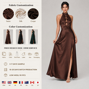 Robe de soirée longue en satin pour femme, style licou, avec nœud et découpe frontale, fente haute, poches, idéale pour demoiselle d'honneur ou soirée formelle - Product Image 1