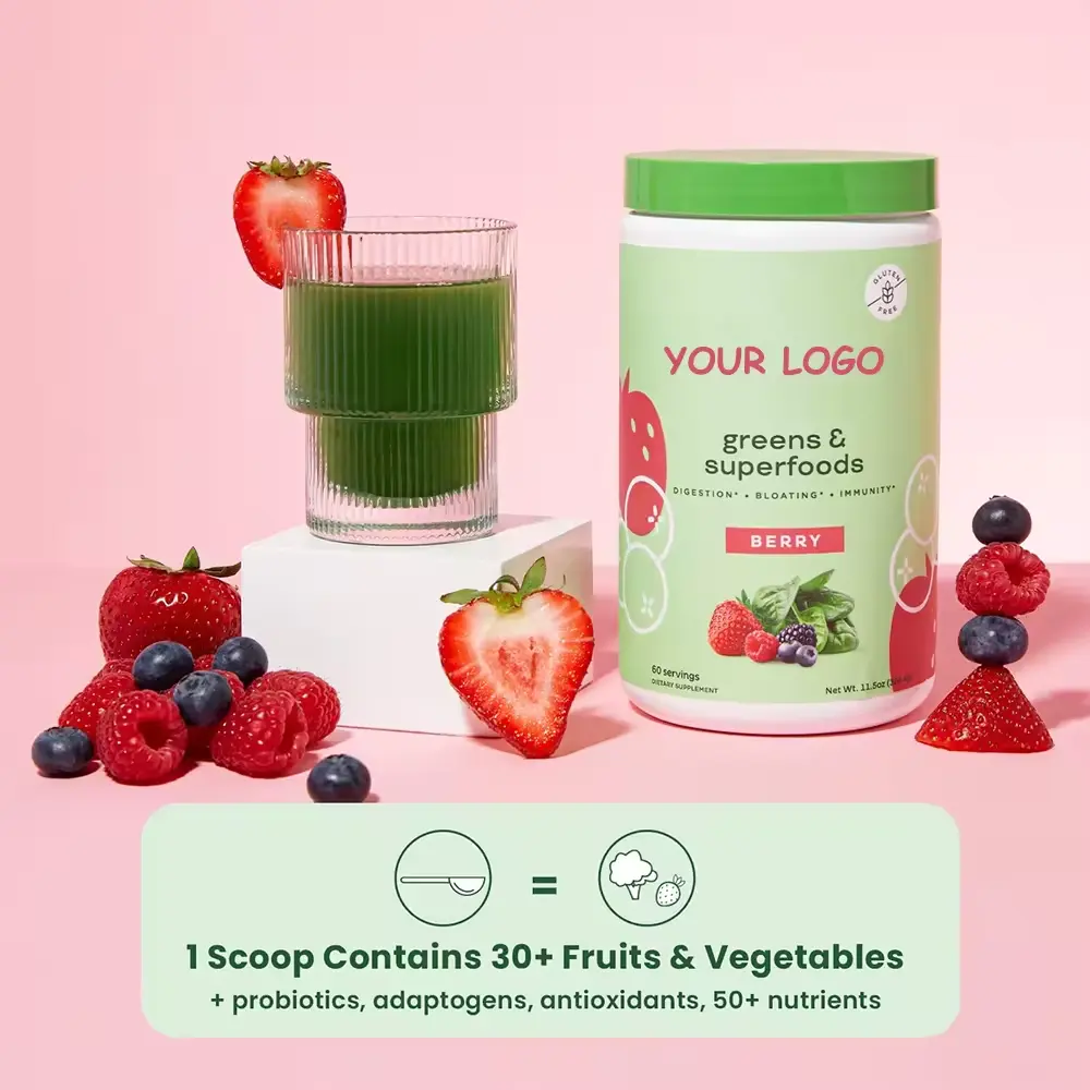 Dinh dưỡng xanh và siêu thực phẩm bột cho tiêu hóa Berry hương vị với enzyme Probiotic Spirulina Chlorella hỗ trợ miễn dịch