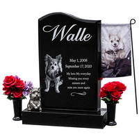 Pierre tombale personnalisée en granit noir pour animaux de compagnie, avec empreinte de patte, os, cœur, plaque commémorative gravée au laser avec vases à fleurs