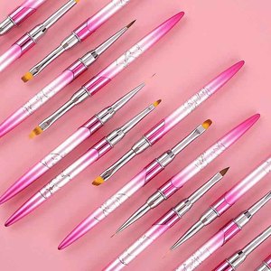 Pink Metal Handle 6mm 9mm 12mm Gel Nail Brush <b>Set</b> with Cap Premium PBT Liner French Tip Manicure Salon Nail Art <b>Paint</b> Brushes - Product Image 2
