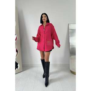 Fuchsia Quilted Shirt Women Casual Button <b>Down</b> Blouse Polyester Candy Color Everyday Wear Oversized Long Sleeve Top - Product Image 3