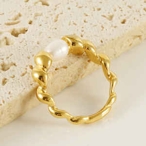 Zogxin Natural Pearl <b>Ring</b> 18k Gold Open <b>Titanium</b> Steel Band Wave Design For Women Gift Jewelry - Product Image 2