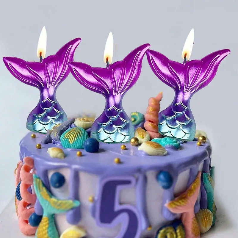 KLS 3pcs 그라디언트 컬러 인어 꼬리 모양의 생일 케이크 양초 고급 바다 테마 파티 장식