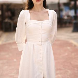 Vestido de Lino y Algodón con Volantes, Estilo Casual, Cuello Cuadrado, Manga Larga, Corte en A, Midi, Verano, Personalizable - Product Image 2