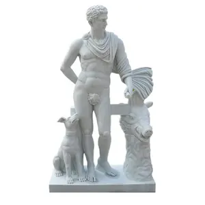 Greek stone sculpture Marble nude man statue figure with dog