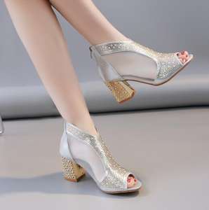 صنادل نسائية بكعب عالي للصيف بكعب سميك فم سمكة شبكي جديد جيد التهوية للنساء من حجر الراين أحذية برقبة رائعة بسحاب خلفي - Product Image 4