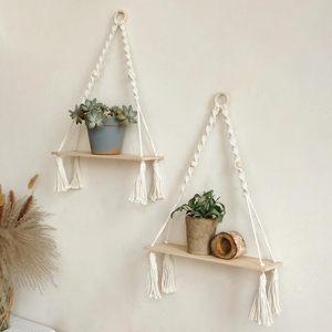 Set di 2 Mensole da Parete <span class=keywords><strong>in</strong></span> Legno - Mensole Galleggianti Boho Bianche con Macramè, Porta Piante Regolabile, Scaffale Rustico per Decorazione Murale - Product Image 6