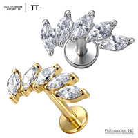 ASTM F136 Titanium 16G Internal Thread Labret Stud Melengkung 5-Marquise CZ Bunga untuk Tindik Tulang Rawan Tragus Helix Conch Berlapis Emas