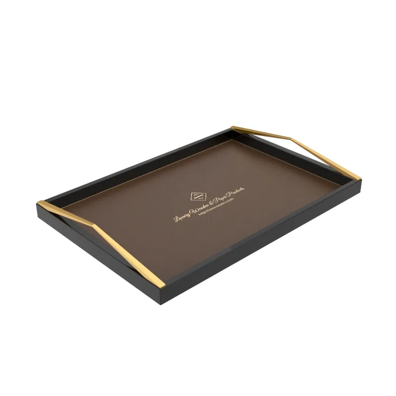 Guangzhou Hotel Supplier Pu Leather Wooden Serving Tray With Handle Rectangle Leather Wooden Tray Faux Leather Serving Tray