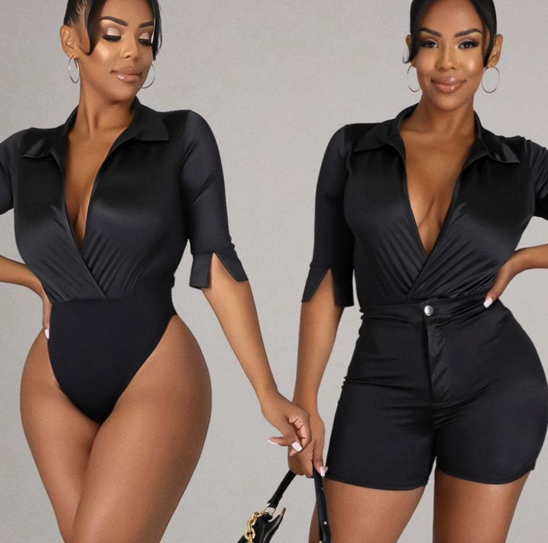 Y207013 Women Satin Outfits Deep V Neck Bodysuit Satin Shirt Shorts Set Office Wear Elegant Two Piece Outfits