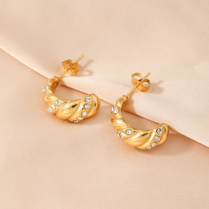 ต่างหูสแตนเลสสุดชิคทรงครัวซองต์ดีไซน์ตามสั่งต่างหูคริสตัลเพทายลูกบาศก์ระยิบระยับต่างหูห่วงแบบเปิด - Product Image 6