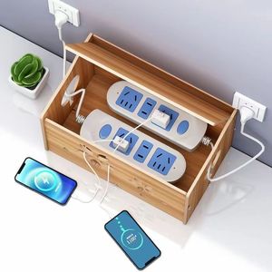 Caja de almacenamiento de madera para regleta de enchufes con organizador de cables para uso en oficina y hogar - Product Image 1