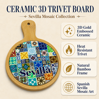 Vente en gros de dessous-de-plat en céramique méditerranéenne écologique personnalisés avec motif en relief doré 3D, en bambou, pour plats chauds