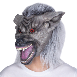 Maschera in lattice divertente <span class=keywords><strong>a</strong></span> tema Goofy, integrale, grigia con texture effetto invecchiato, pelliccia spessa grigia, occhi rossi brillanti, teschioli affilati, bocca aperta, morbida, per feste - Product Image 2