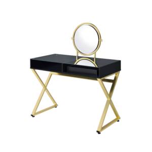 Modern Solid Oak Wood Makeup <b>Vanity</b> Desk with Removable Mirror Black & Gold Finish Bedroom Furniture - Product Image 2