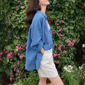 Chic femmes haut d'été coupe ample bleu Ramie <span class=keywords><strong>lin</strong></span> coton Blouse Style français longue longueur chemise décontractée tissé crème solaire conception - Product Image 1