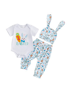 Conjunto de <span class=keywords><strong>pijama</strong></span> de 3 piezas con temática de Pascua para bebé, mono de <span class=keywords><strong>manga</strong></span> <span class=keywords><strong>corta</strong></span> con estampado de conejito de dibujos animados, pantalones largos con sombrero, ropa de dormir infantil - Product Image 6