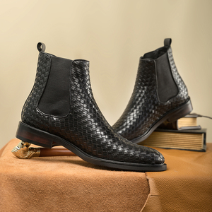 Bottines Chelsea noires printemps/hiver, motif tissé de haute qualité, cuir véritable, à enfiler, élégantes, bottines de luxe pour hommes - Product Image 2