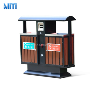 Bằng Gỗ 2 Kép Ngăn Ngoài Trời Thùng Rác Có Thể Đứng Thép Rác Bin Chất Thải Thùng Rác Container Phân Loại Tái Chế Bin - Product Image 6