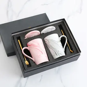 Tasses à café en céramique et marbre de style nordique, tasses et couvercle en porcelaine rose avec boîte cadeau