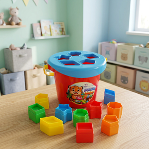 Seau de tri de formes 1203, jouet éducatif pour bébé et tout-petit, blocs empilables en plastique, jeu de sable avec thème animaux et nature et sac en filet - Product Image 3