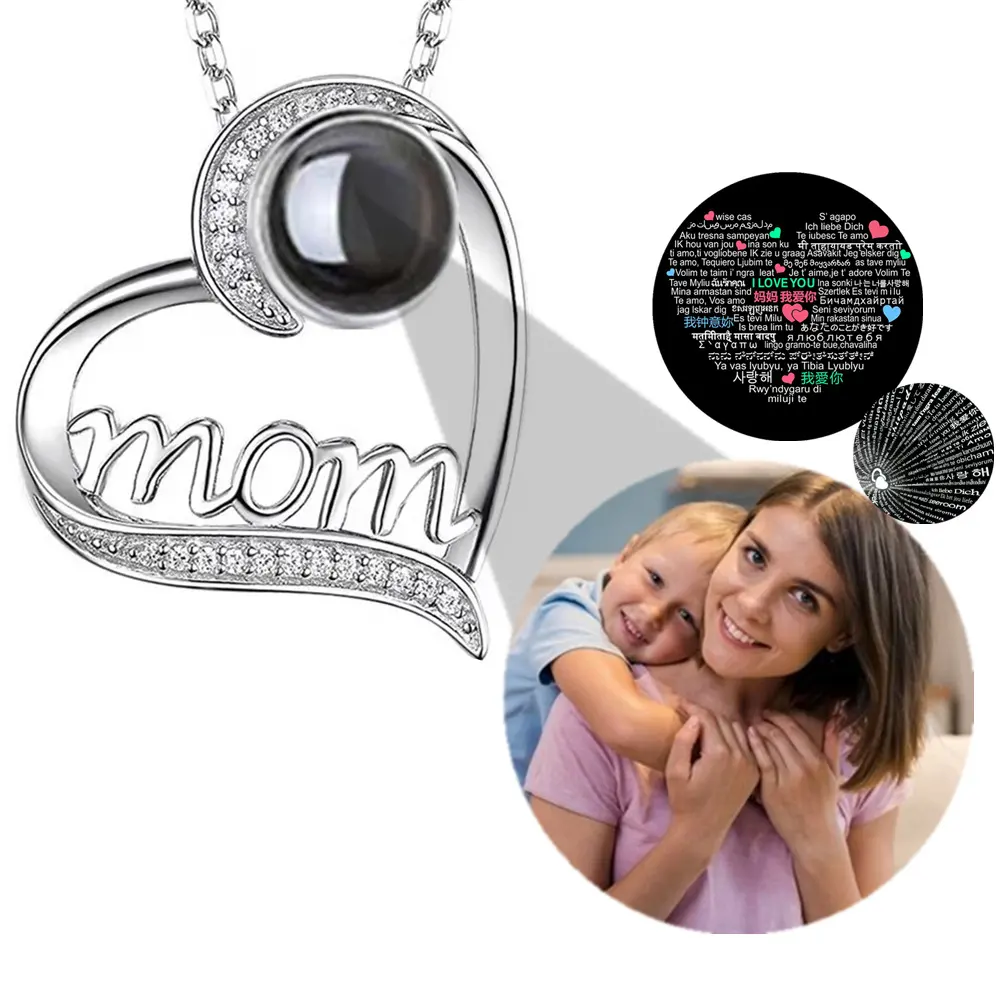 Heart Shaped Mom Necklace Jewelry 100 Languages I Love You Custom Memory Picture Photo Projection Necklace For Mom