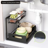 Organisateur d'évier à double couche avec paniers coulissants en acier au carbone, sans perçage, pour armoire de cuisine et garde-manger, étagère de rangement moderne et minimaliste