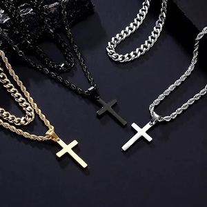 Collier avec pendentif croix en acier inoxydable, chaîne cubaine double couche, pour hommes, bijoux à la mode, cadeau à porter au quotidien - Product Image 3