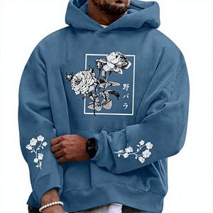 Sudadera con Capucha Azul con Estampado Floral, Unisex, de Algodón, Estilo Casual Urbano, con Bolsillo y Diseño de Texto Japonés - Product Image 2